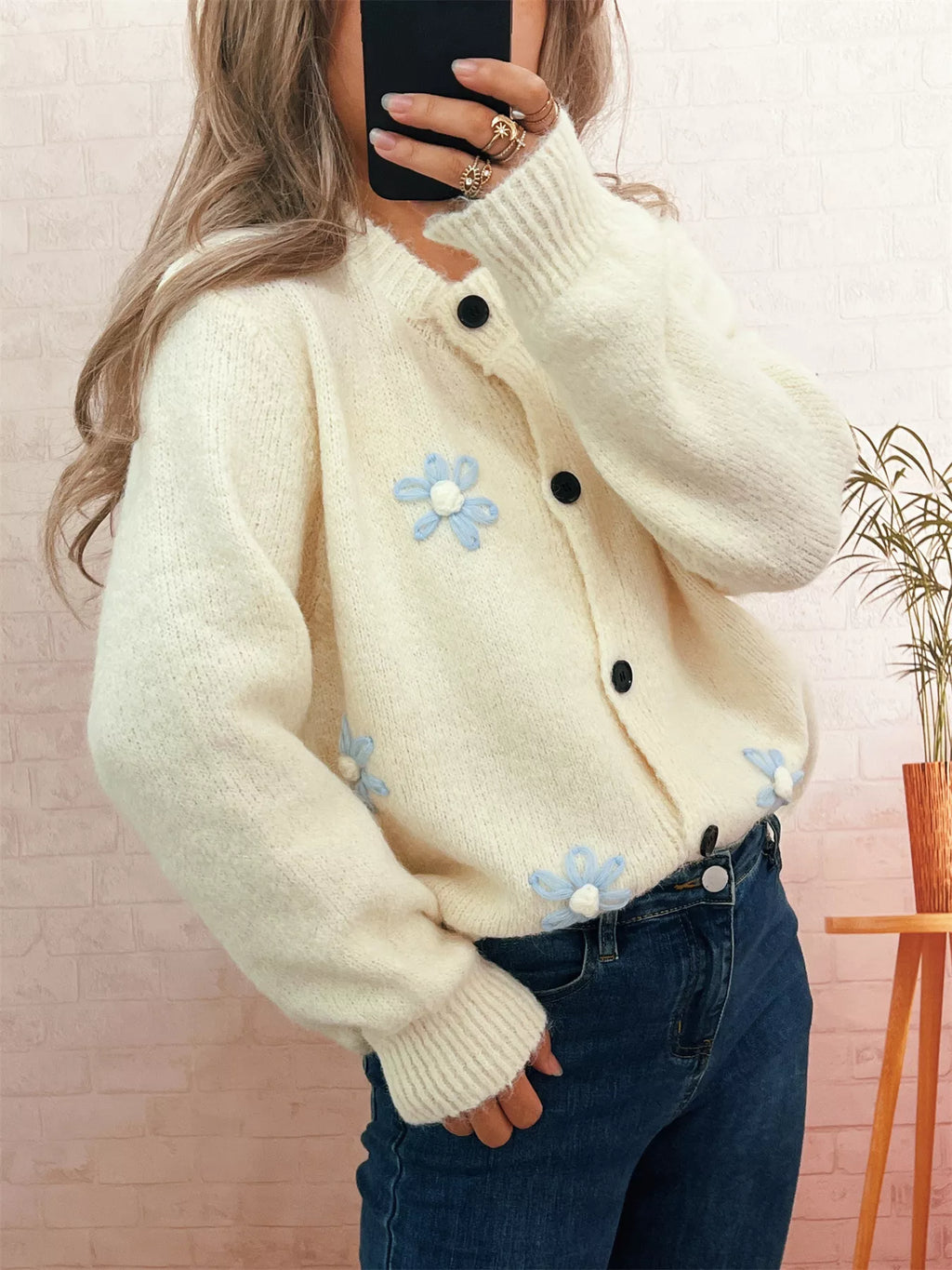 Sarah Express Women's Flower Button-Down Cardigan