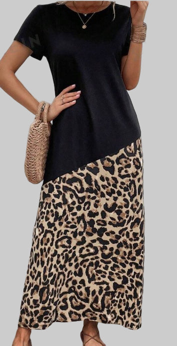 Women's Leopard Print T-Shirt Dress Short Sleeve Casual Knit