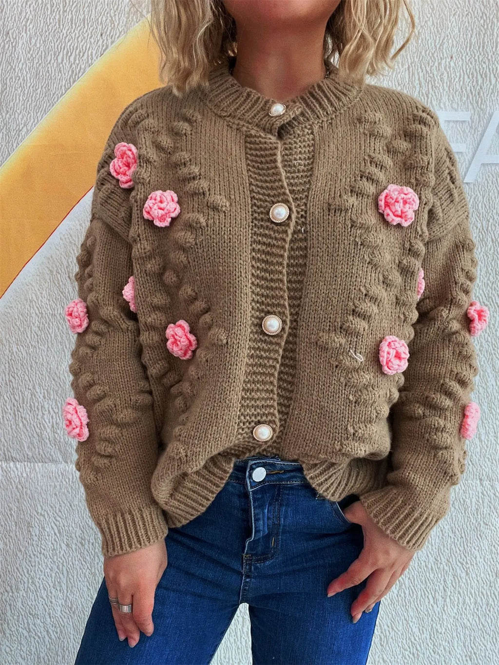 Sarah Express Women's Flower Button Up Long Sleeve Cardigan