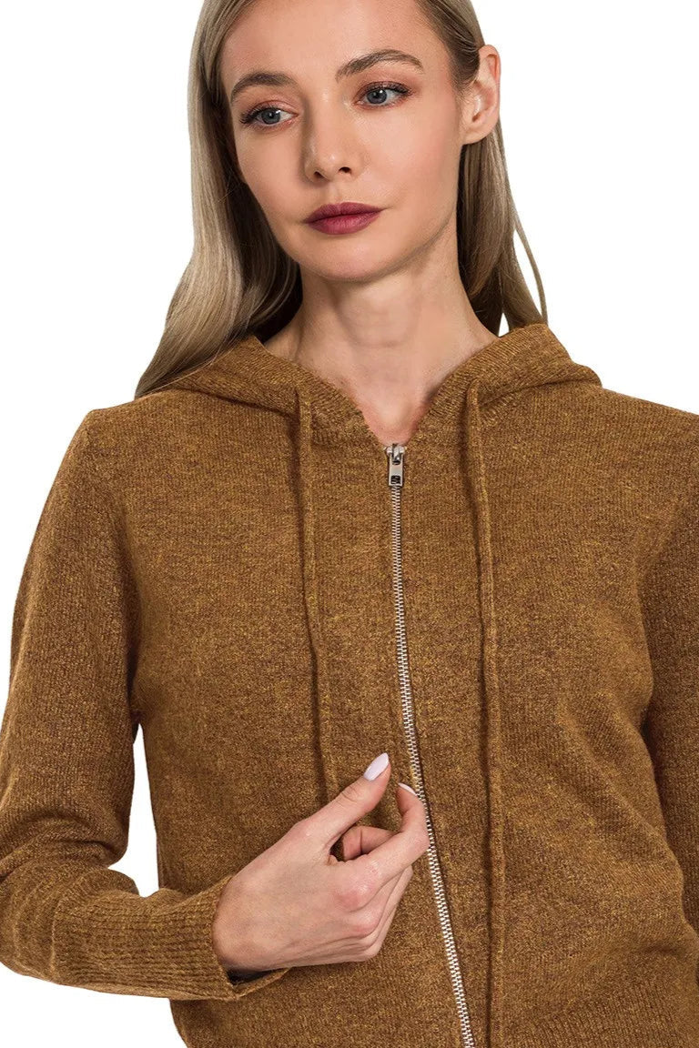 Sarah Express Women’s Camel Zip-Up Hooded Sweater Cardigan