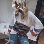 Striped Hollow-Out Pullover Sweater Long Sleeve Color Block Top