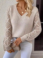 Sarah Express Women's Openwork V-Neck Long Sleeve Sweater Beige