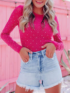 Sarah Express Women's Rhinestone Round Neck Long Sleeve Bodysuit