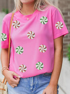 Sarah Express Women's Sequined Candy Swirl Christmas Short Sleeve T-Shirt