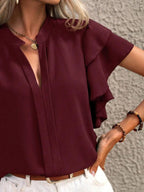 Sarah Express Women's Ruffle Sleeve Notched Blouse