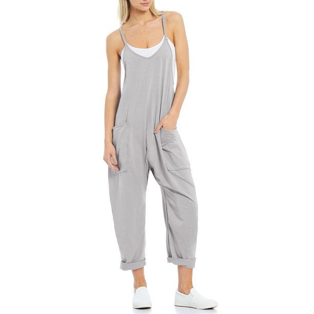 Women's Knitted Spaghetti Strap Jumpsuit - Loose Fit Wide Leg Overalls with Pockets