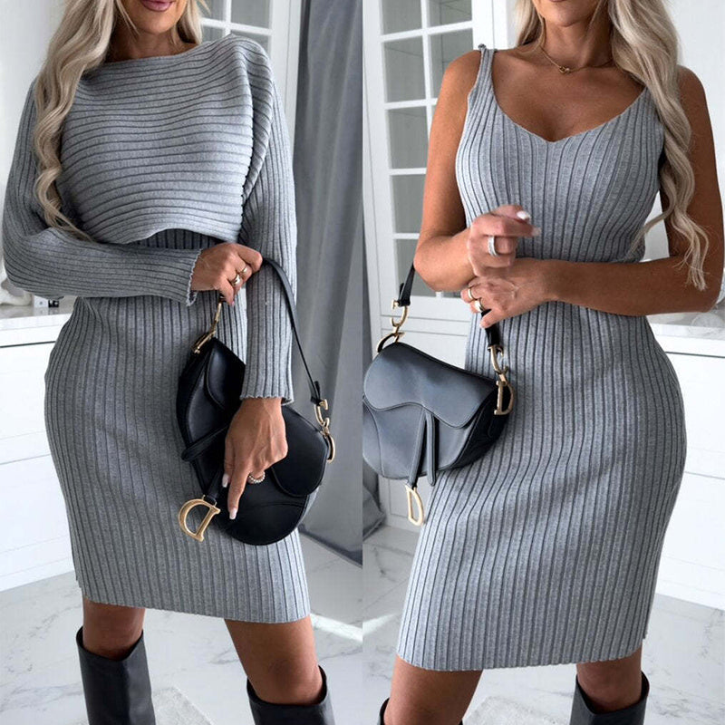 Women's Ribbed Stripe Long Sleeve Top Suspender Skirt 2 Piece Set