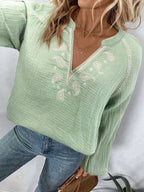 Sarah Express Women's Paisley Pattern Embroidered Notched Long Sleeve Blouse