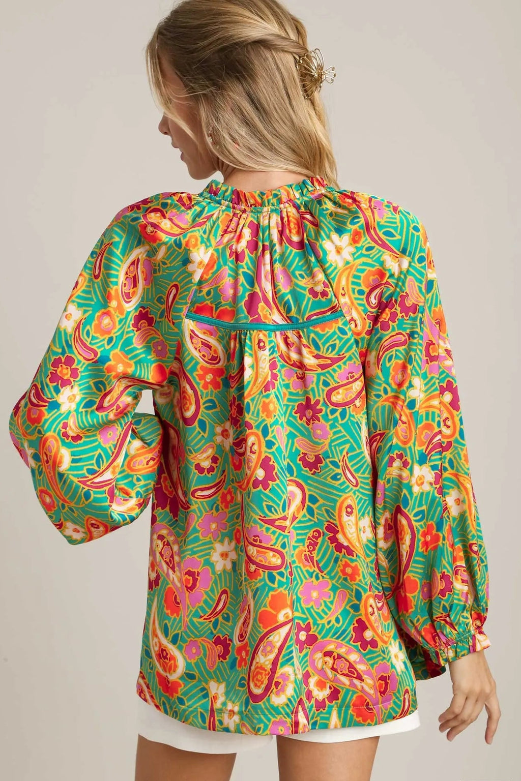 Sarah Express Women’s Paisley Satin Ruffle Neck Button-Up Blouse