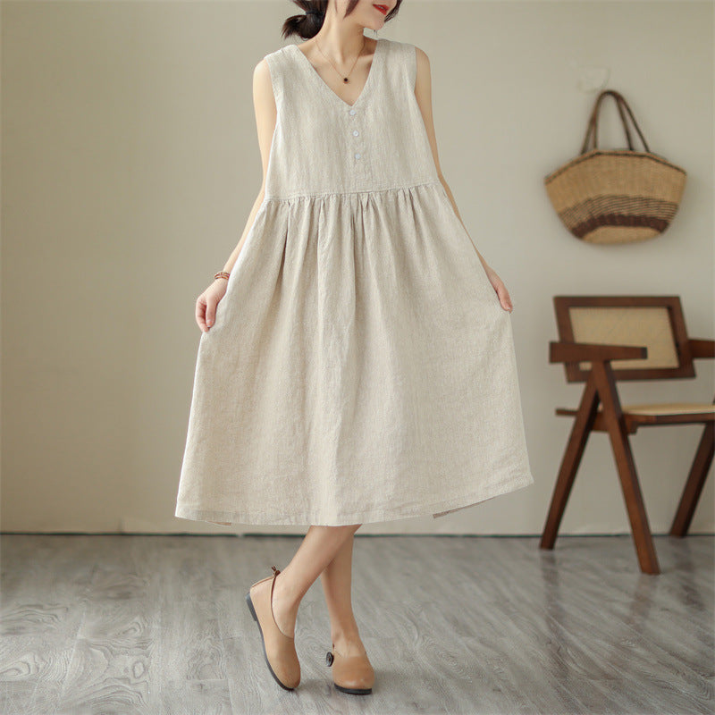 Women's Cotton Linen V-Neck Sleeveless Midi Dress Japanese Style Loose Fit Summer