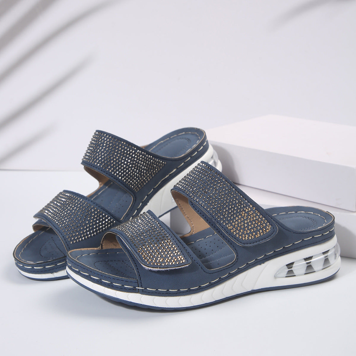 Sarah Express Women's Air Cushion Wedge Sandals – Rhinestone Embellished Beach Slides with Non-Slip Wedge Sole Dark Blue