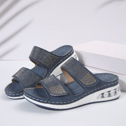 Sarah Express Women's Air Cushion Wedge Sandals – Rhinestone Embellished Beach Slides with Non-Slip Wedge Sole Dark Blue