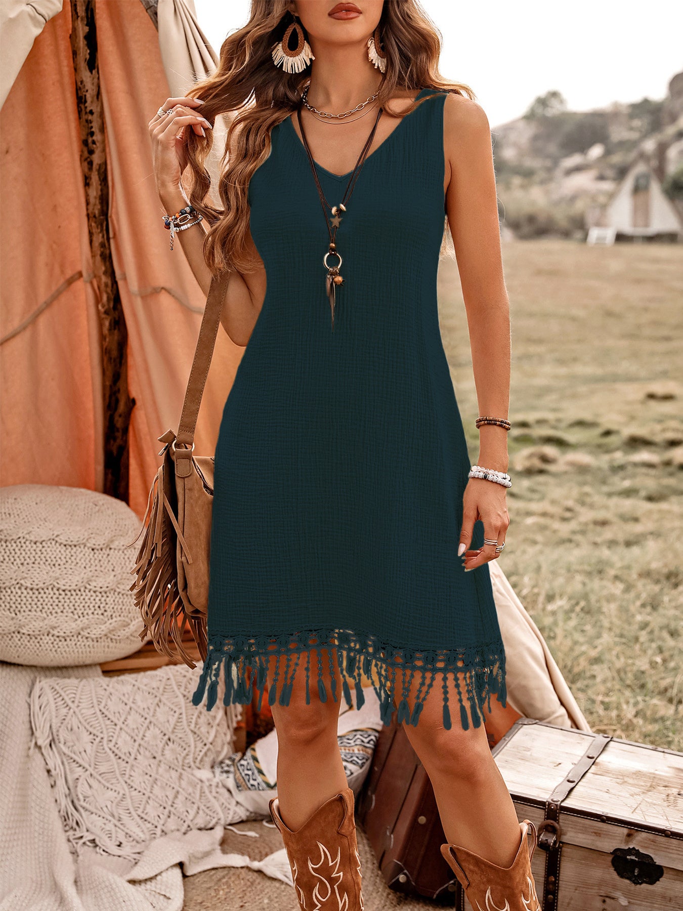 Women's Hawaiian Casual Dress Lace Back Patchwork Summer Cotton