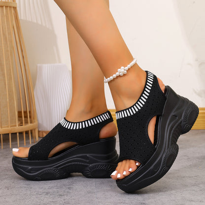 Sarah Express Women's Slip-On Flyknit Sporty Sandals | Thick-Soled Peep-Toe Mesh Sneaker Sandals