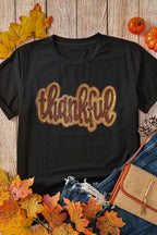Sarah Express Women's THANKFUL Sequin Round Neck Short Sleeve T-Shirt