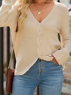 Sarah Express Women's Ribbed Knit Button Front V Neck Cardigan