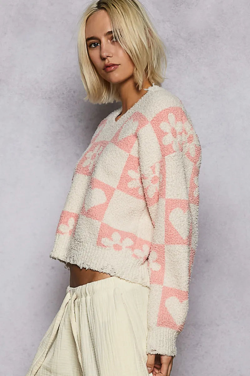 Sarah Express Women’s Cropped Teddy Fleece Checkered Pullover Casual Fall Winter