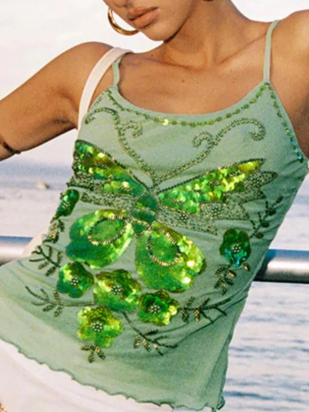 Sarah Express Women's Sequin Butterfly Scoop Neck Cami