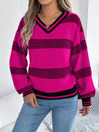 Sarah Express Women's Contrast Striped V-Neck Sweater