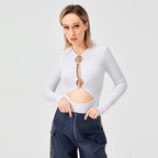 Women's Long Sleeve Fitted Top with Metal Accent Detail