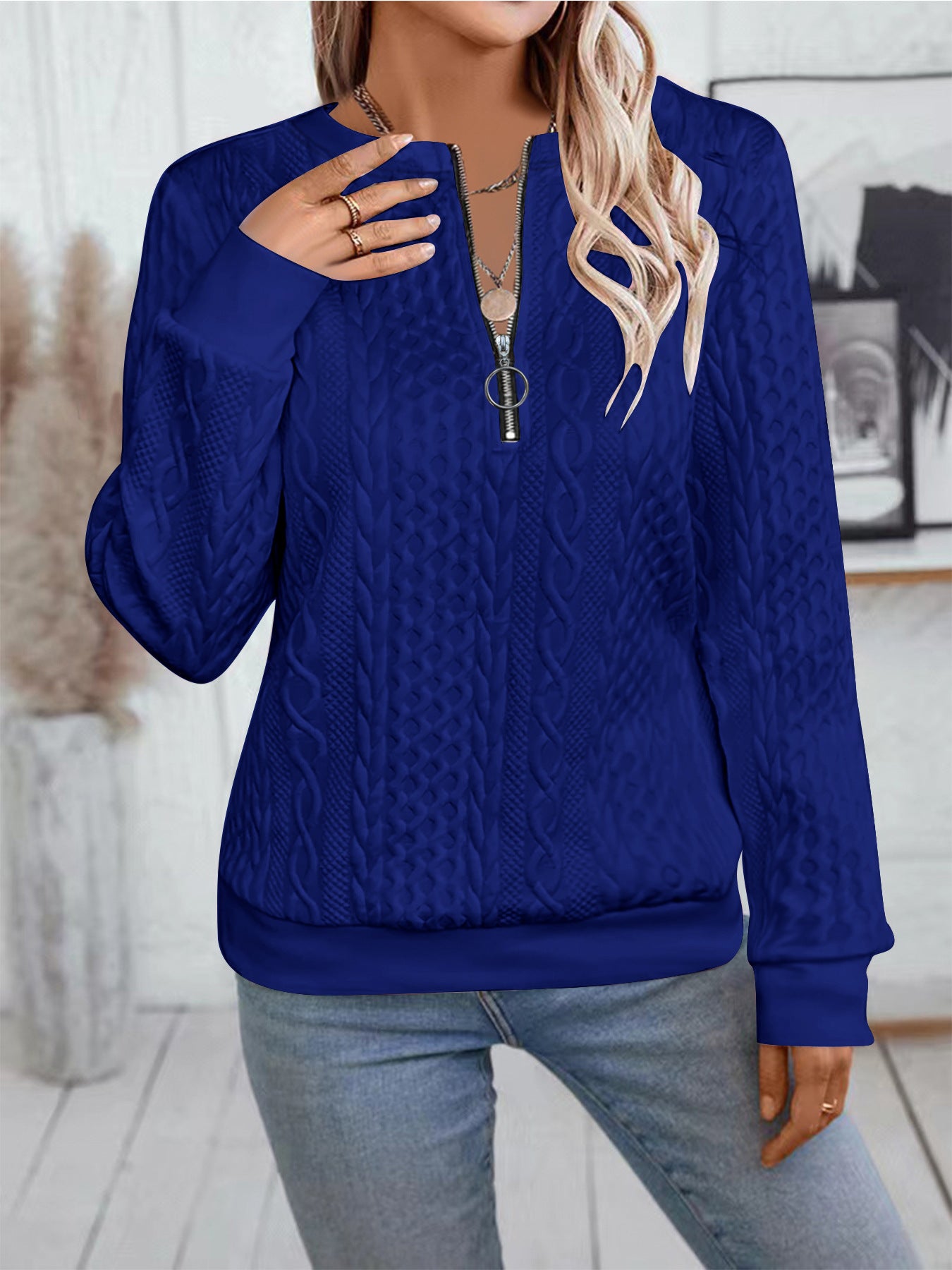 Women's Zipper Detail Long Sleeve Sweater Casual Loose Fit Pullover Top