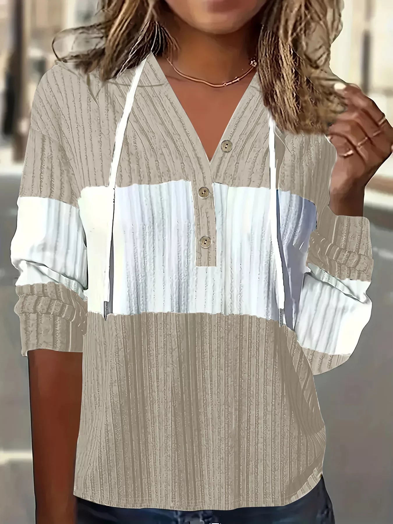 Sarah Express Women's Color Block Drawstring Long Sleeve Hoodie Khaki