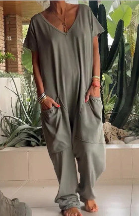Women's V-Neck Oversized Jumpsuit Quarter Sleeve Pockets Casual Street Style Spring Summer