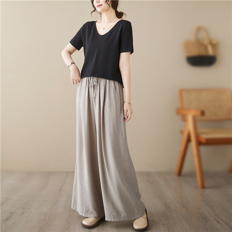 Women's Plus Size Wide Leg Pants Elastic Waist Straight Cotton Casual Trousers