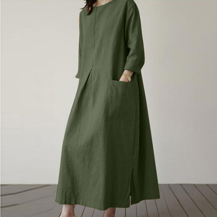 Women's Autumn Solid Color Elegant Cotton Dress Long Sleeve Wide Waist Basic Maxi Dress