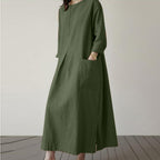 Women's Autumn Solid Color Elegant Cotton Dress Long Sleeve Wide Waist Basic Maxi Dress