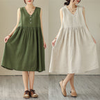 Women's Cotton Linen V-Neck Sleeveless Midi Dress Japanese Style Loose Fit Summer