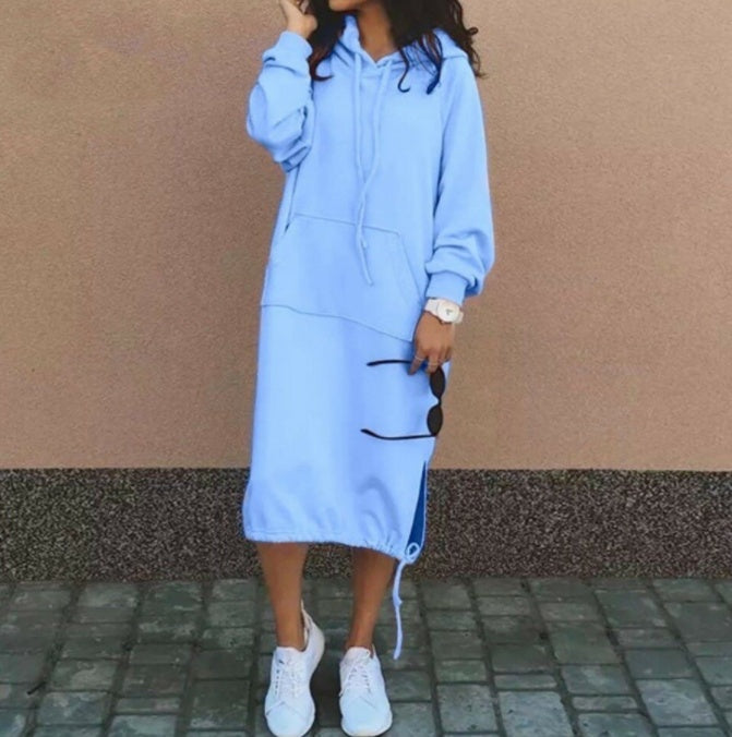 Women's Hooded Sweatshirt Dress Long Sleeve Midi Casual Pockets