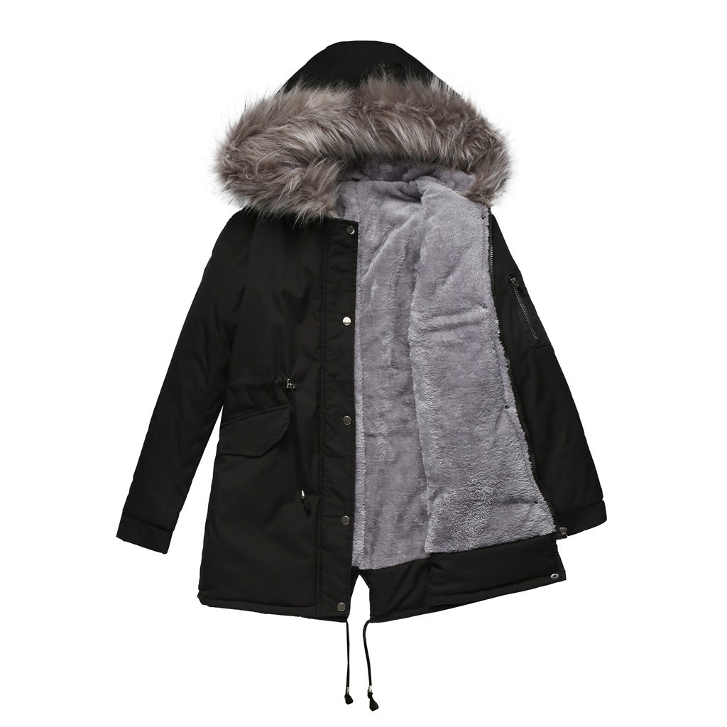 Women's Mid-Length Cotton Padded Hooded Parka Coat Loose Fit Winter Jacket