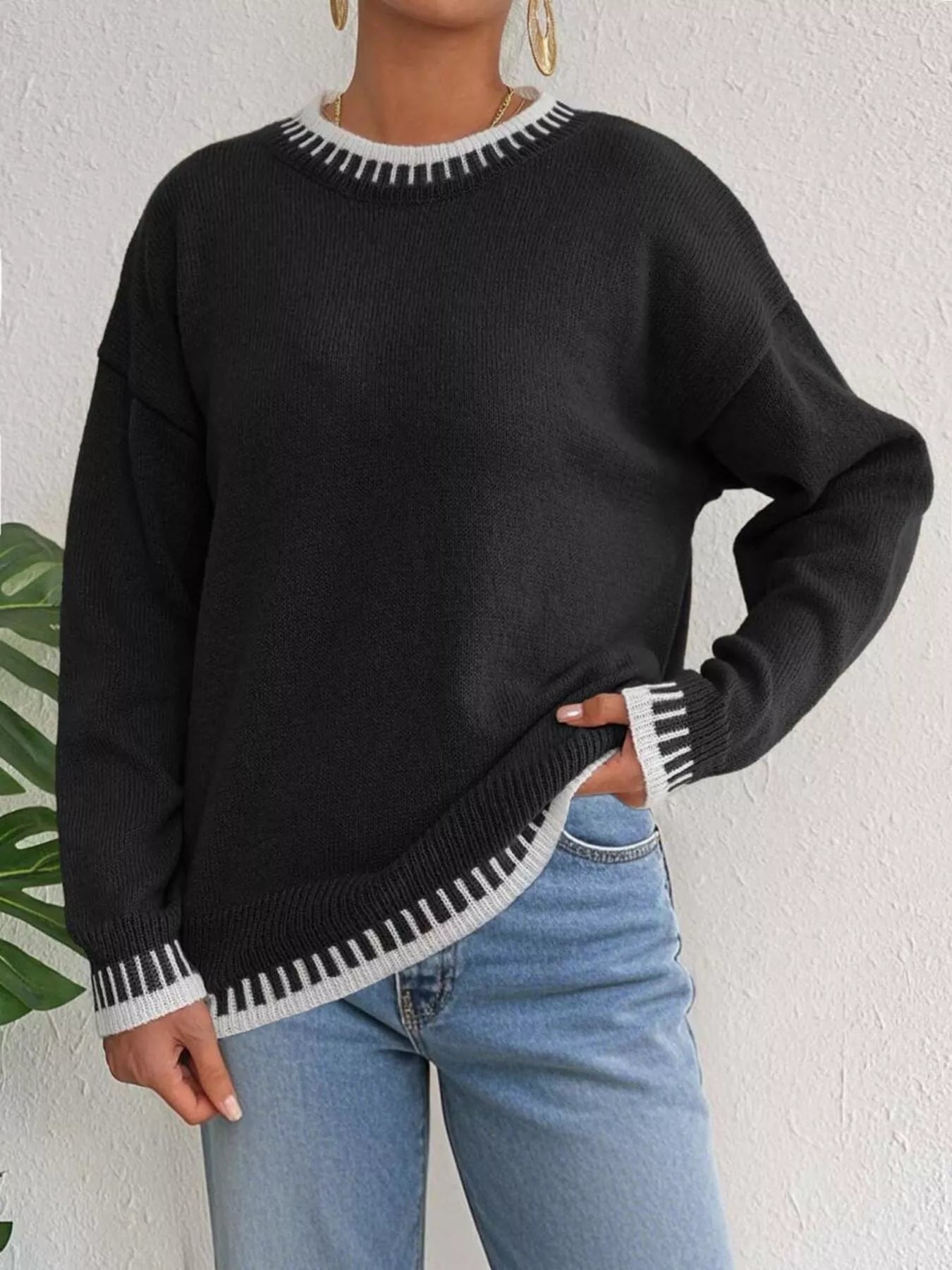 Sarah Express Women's Relaxed Fit Long Sleeve Sweater - Ribbed Knit Pullover Black