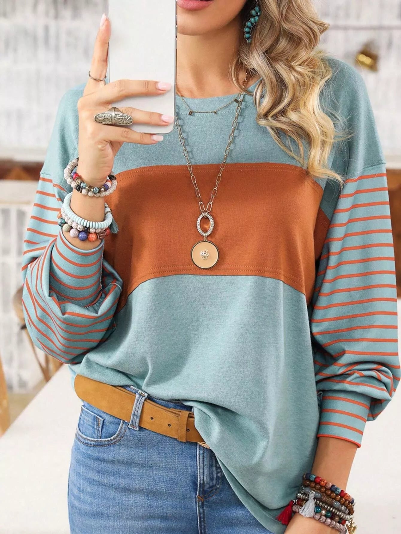 Sarah Express Women's Striped Color Block Long Sleeve T-Shirt Turquoise