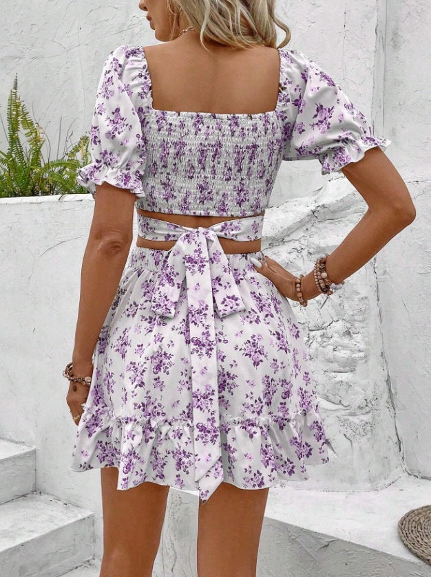 Women's Ditsy Floral Two-Piece Dress Set - Square Neck Bubble Sleeve Top & Skirt