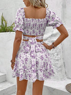 Women's Ditsy Floral Two-Piece Dress Set - Square Neck Bubble Sleeve Top & Skirt