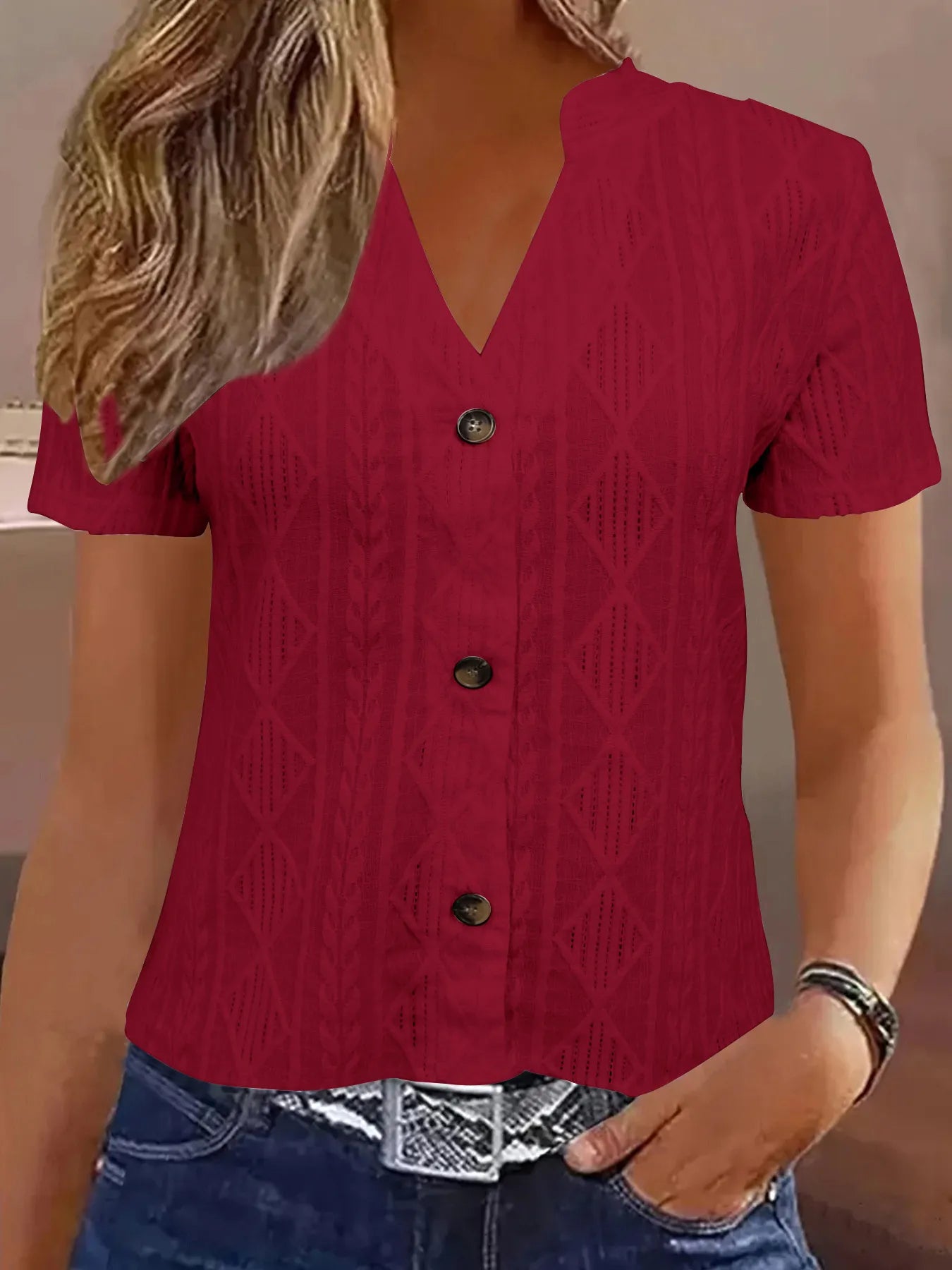 Sarah Express Women's Textured Notched Short Sleeve Blouse Burgundy