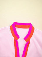 Sarah Express Women's Contrast Trim Notched Short Sleeve Blouse