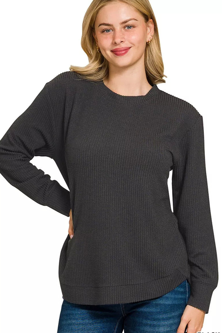 Sarah Express Women’s Plus Size Raised Rib Long Sleeve Top Casual All-Season