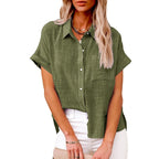 Sarah Express Women's Cotton Linen Short Sleeve Shirt Casual Button Up with Pockets