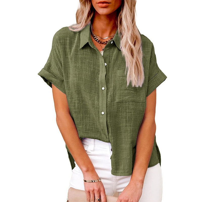 Sarah Express Women's Cotton Linen Short Sleeve Shirt Casual Button Up with Pockets