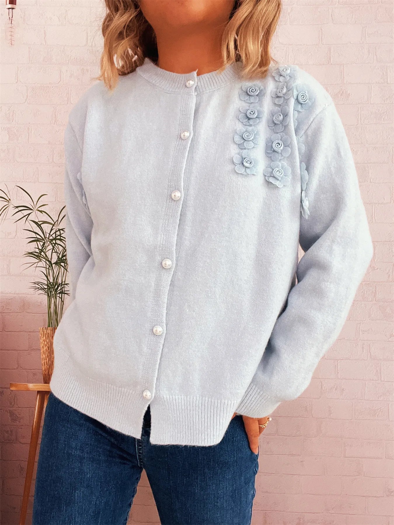 Sarah Express Women's Flower Button Up Long Sleeve Cardigan Blue One Size