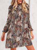 Sarah Express Women's Leopard Ruffled Detail Long Sleeve Loose Mini Dress
