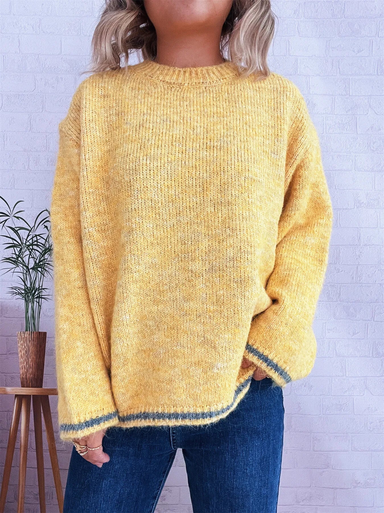 Sarah Express Women's Contrast Trim Round Neck Cozy Sweater Yellow One Size
