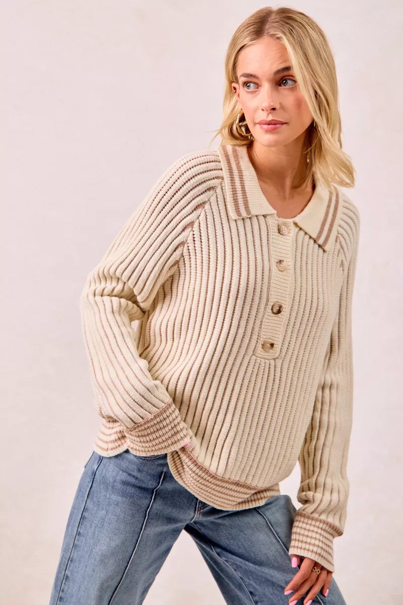 Sarah Express Women’s Two Tone Ribbed Sweater with Half Button Collar