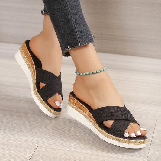 Sarah Express Women's Hemp Wedge Platform Sandals | Fish-Mouth Toe Roman Style