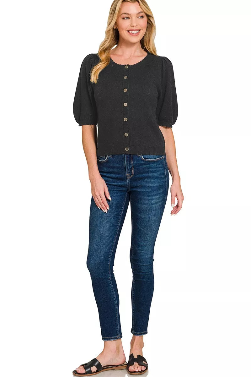 Sarah Express Women's Puff Sleeve Wool Sweater Cardigan