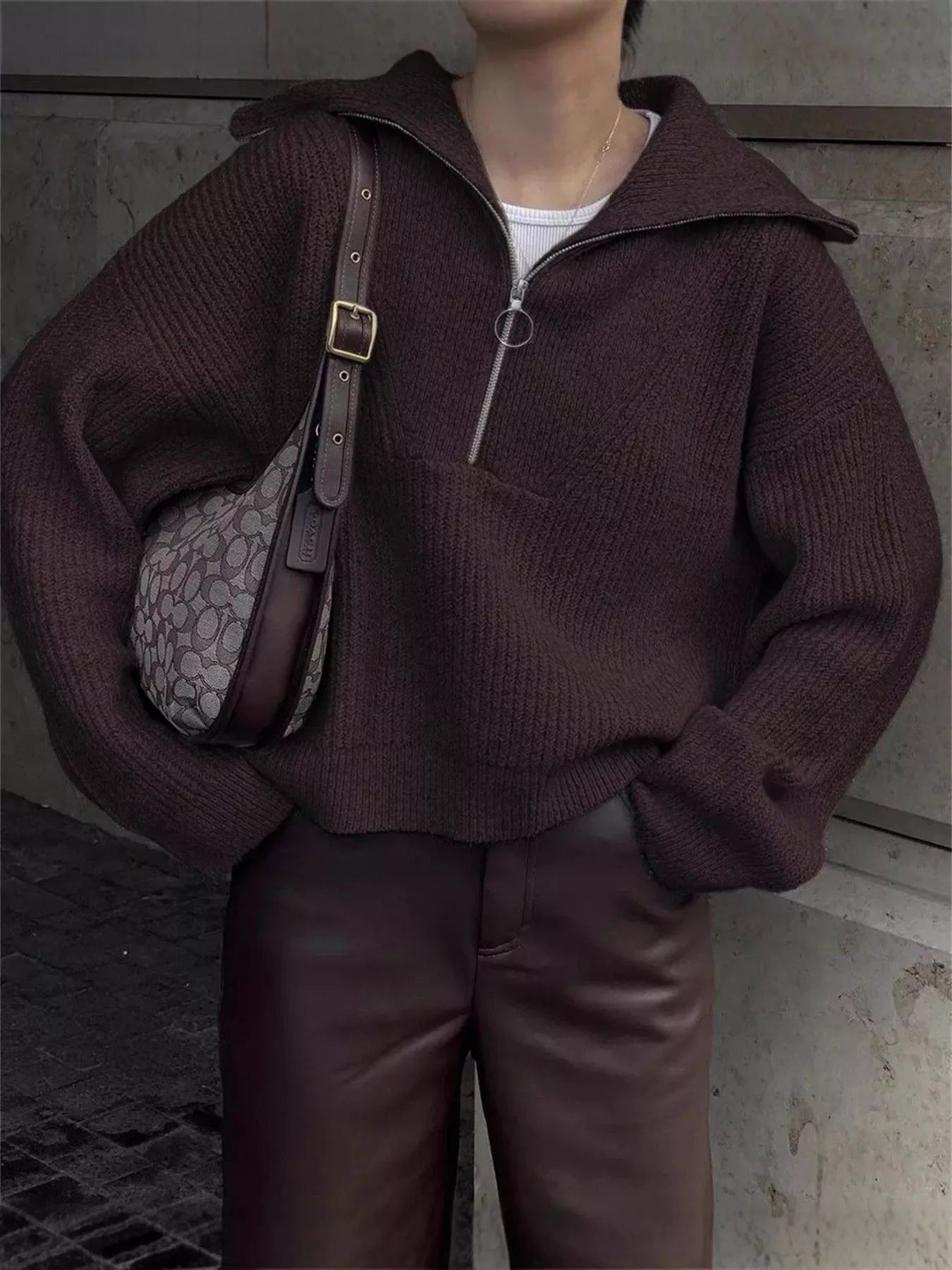 Sarah Express Women's Half Zip Dropped Shoulder Sweater Brown One Size