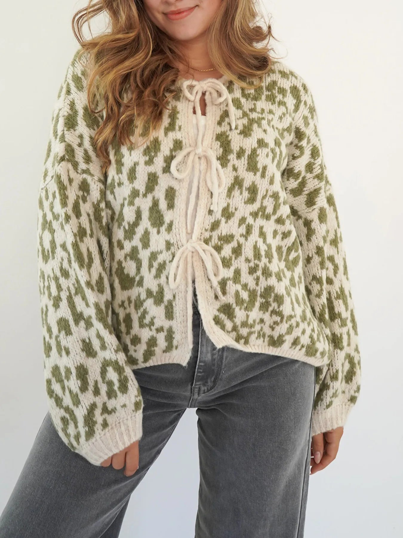 Sarah Express Women's Leopard Tie Front Cardigan Green